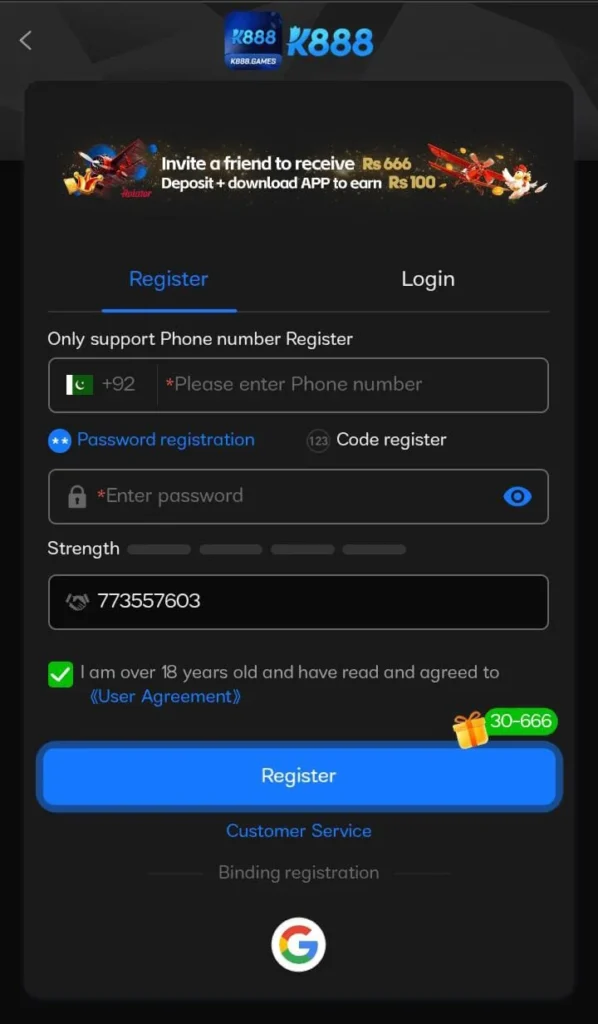 K 888 Game register, login