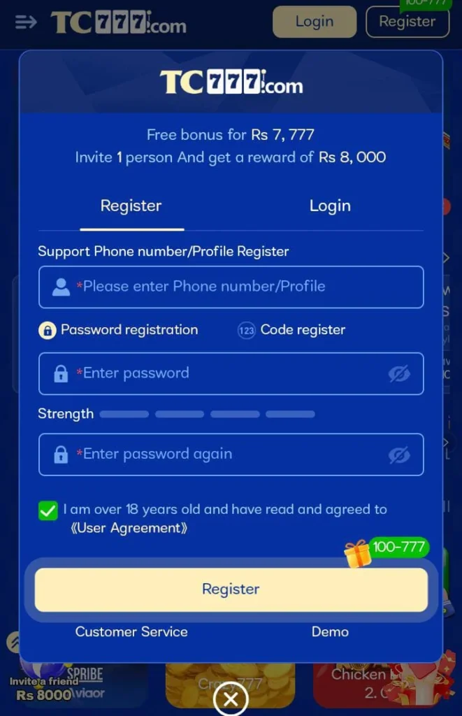 Tc 777 Game register, login