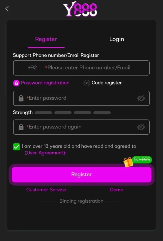 Y 888 Game register, log in